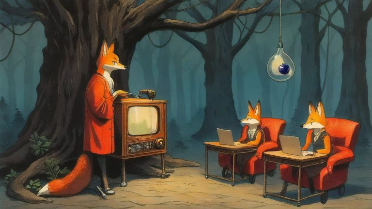 Illustrazione del corso Webinar: In a vast, hollowed-out redwood tree, a large fox teacher stands beside a massive vintage radio. Student foxes sit in velvet armchairs at small desks, each holding a tiny router wi