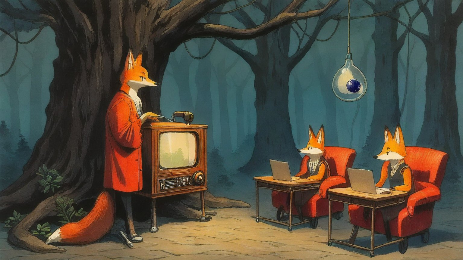 Illustrazione del corso Webinar: In a vast, hollowed-out redwood tree, a large fox teacher stands beside a massive vintage radio. Student foxes sit in velvet armchairs at small desks, each holding a tiny router wi