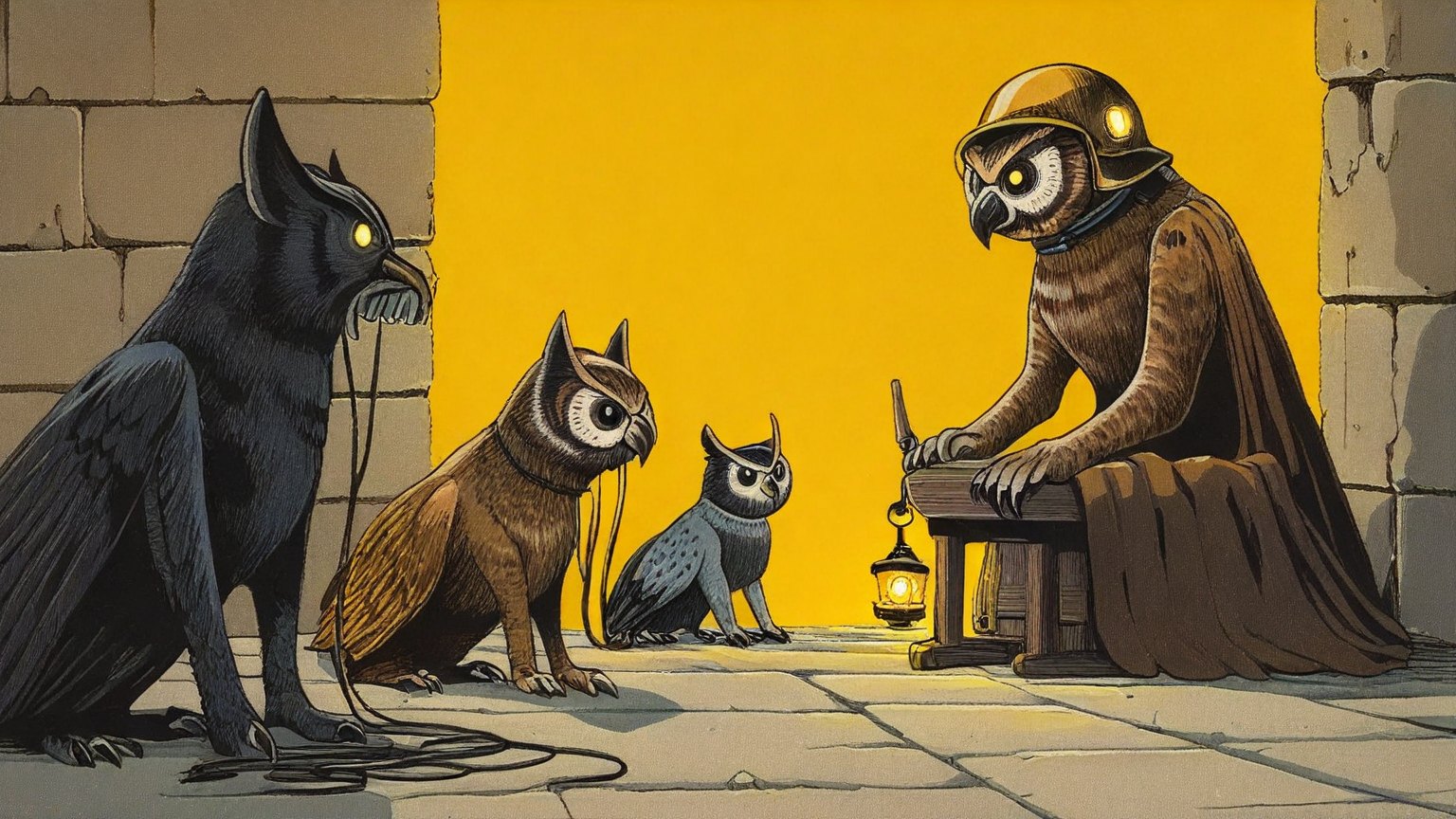 Illustrazione del corso MTCSE: Inside a stone fortress classroom, an owl teacher in a polished helmet instructs puppy students seated at heavy benches. The puppies focus on small routers with tangled cables, att