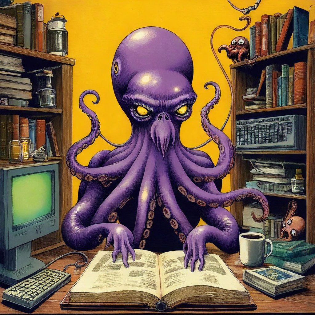 Ritratto ironico di Gianni Olivieri: un polipo alieno che legge, scrive e configura con tutti i tentacoli, fra libri e monitor