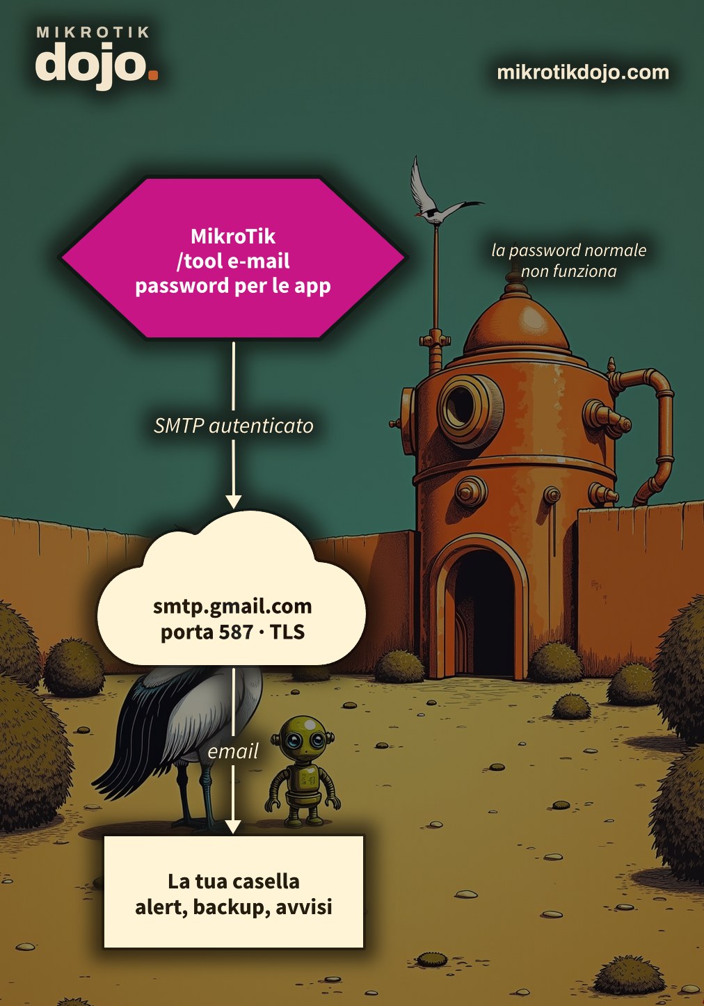 Schema: MikroTik che invia email tramite smtp.gmail.com porta 587 con TLS verso la casella dell'amministratore